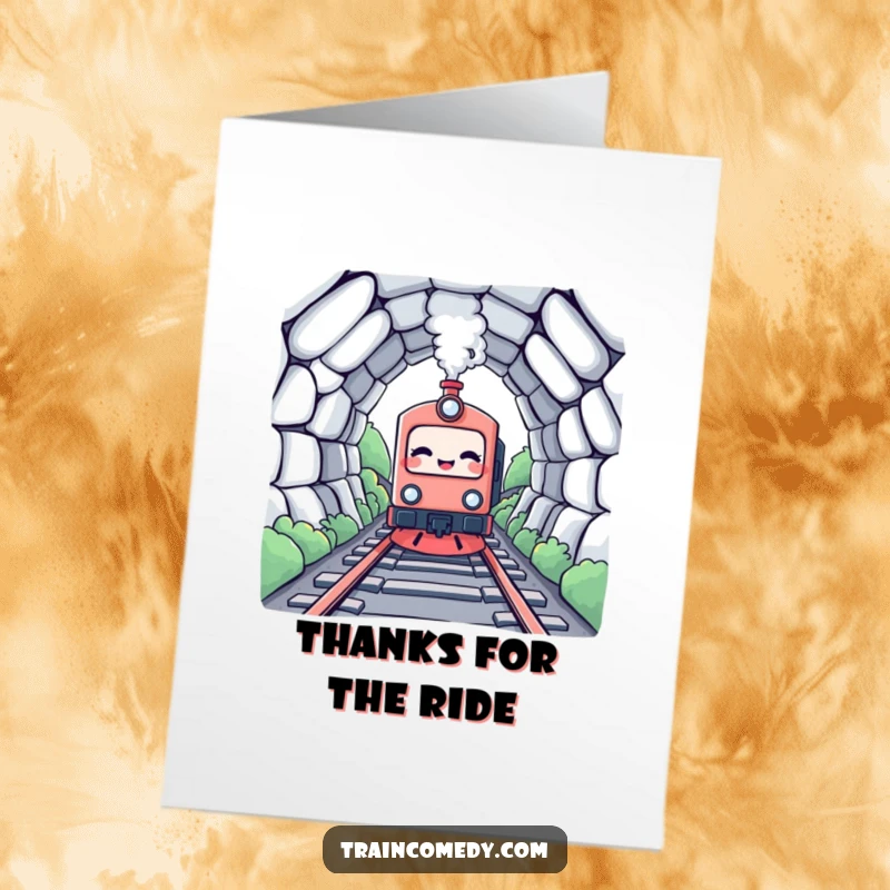 Funny Free Printable Thank You Card: Giggling kawaii train character waves happily after a fun ride through a tunnel.