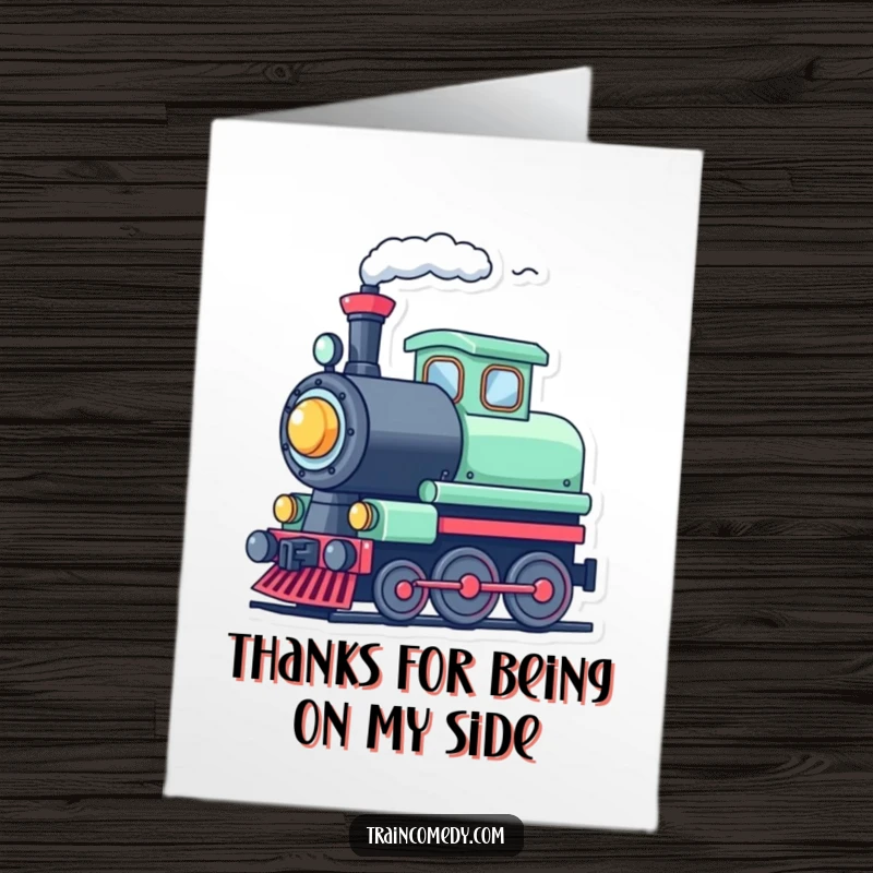 Funny free printable thank you card with a cute train character joyfully tooting its whistle, steam puffing out in thanks.