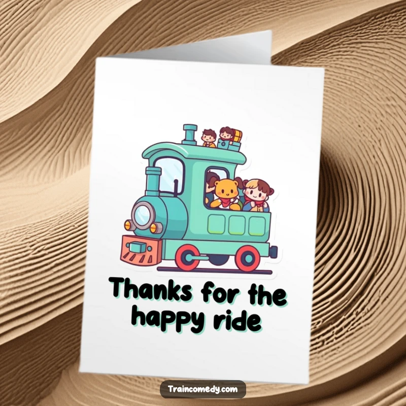 Funny Free Printable Thank You Card: Cute kawaii train with happy passengers waves thanks after a fun journey.