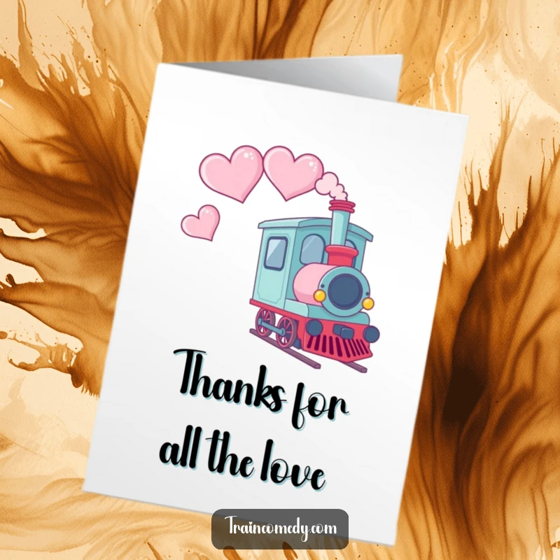 Funny Free Printable Thank You Card featuring a Kawaii train car with heart-shaped smoke, expressing sincere thanks with a loving, playful touch.