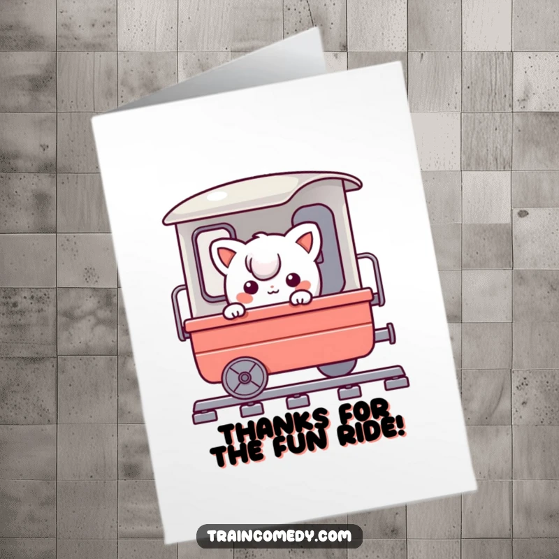 Funny Free Printable Thank You Card: Playful character peeks comically from behind a train cart, expressing thanks playfully.