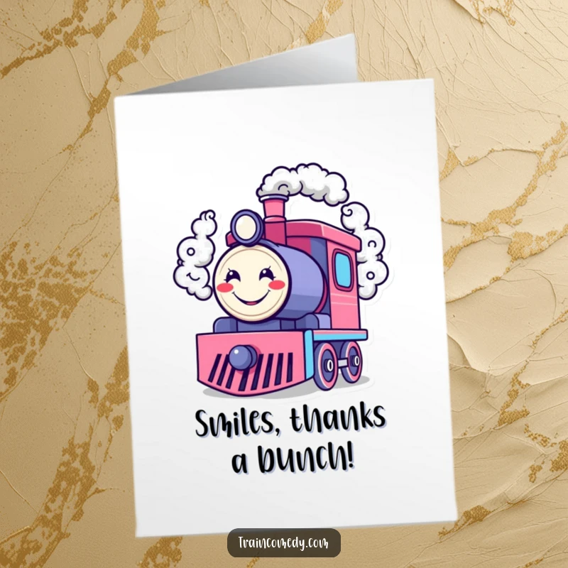 Funny Free Printable Thank You Card: Happy train engine exhaling smiley face smoke rings, expressing thanks humorously.