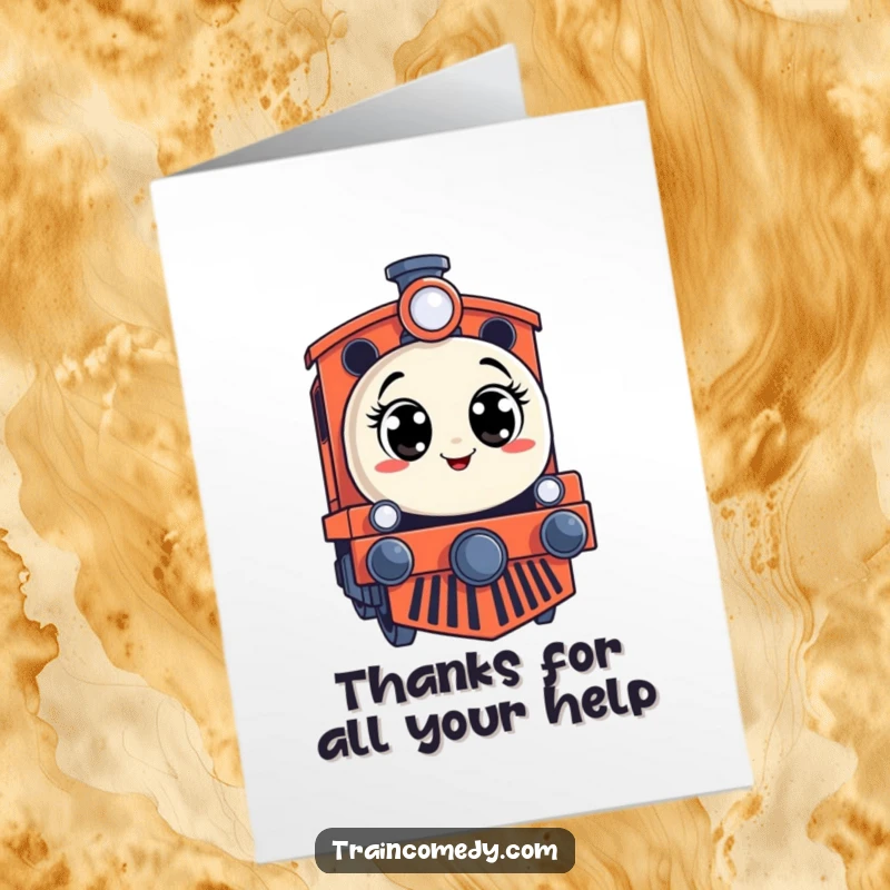 Funny Free Printable Thank You Card featuring a stylized train engine with a surprised expression, conveying thanks with unexpected delight.