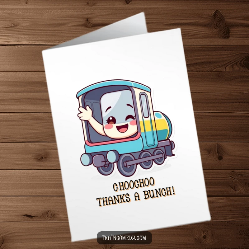 Funny Free Printable Thank You Card: A friendly train character waves goodbye from its window, a humorous DIY gift.