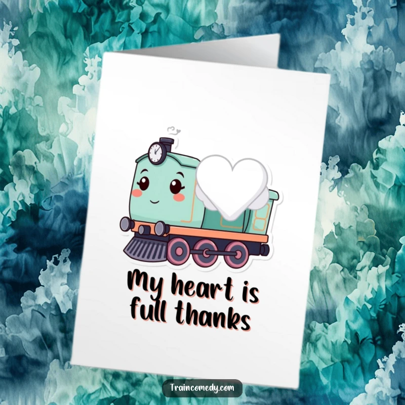 Funny Free Printable Thank You Card: A cute train puffs a heart-shaped cloud, expressing heartfelt thanks.