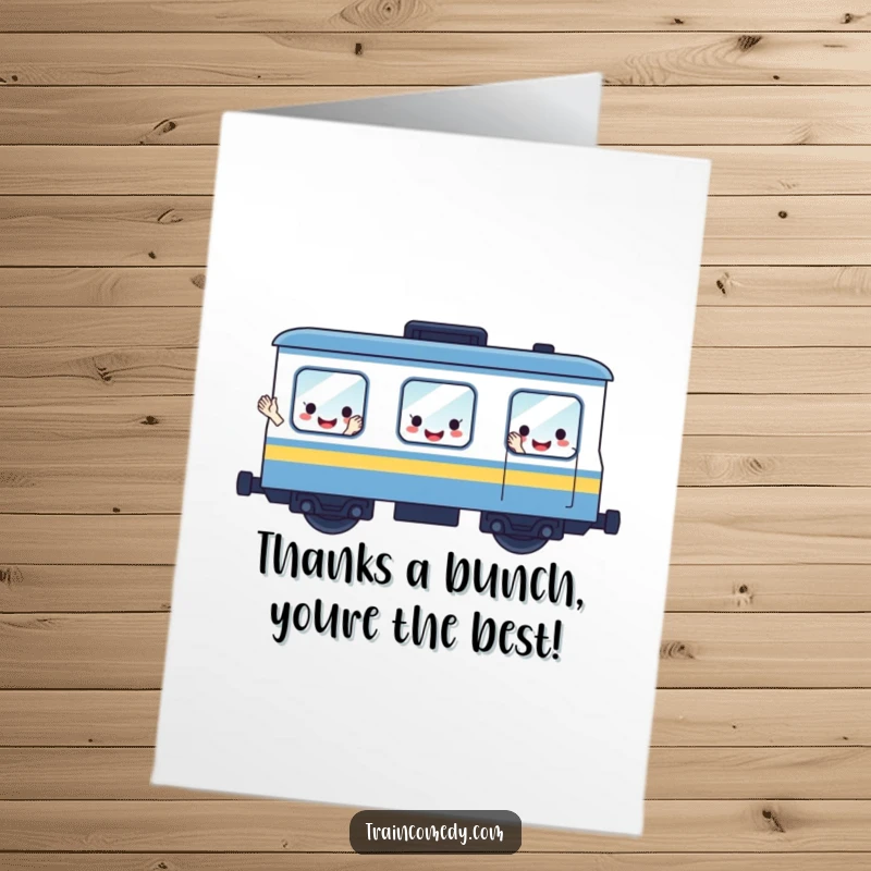 Funny Free Printable Train Thank You Card: A cheerful train with smiling face windows expresses heartfelt thanks.