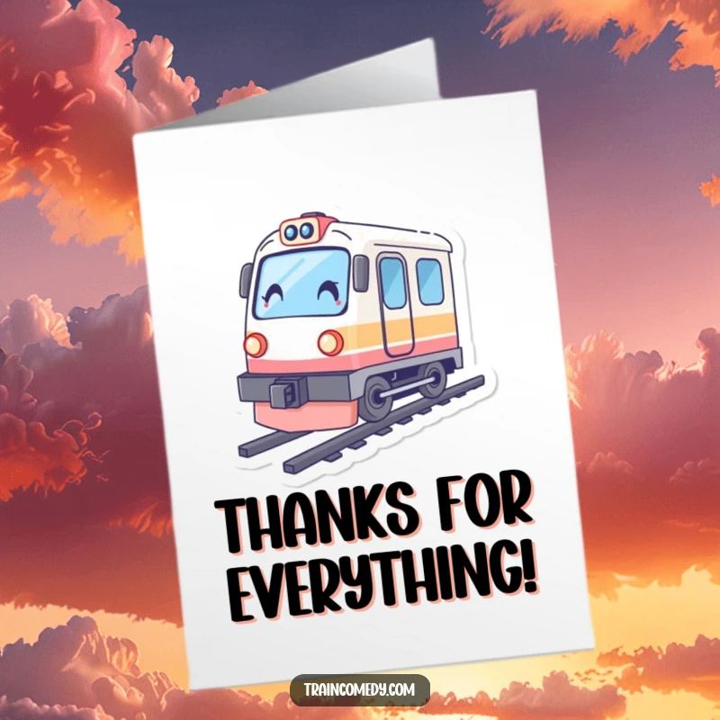Funny Free Printable Thank You Card: A train character with a noticeable tilt, appearing to speed forward, expressing quick thanks.