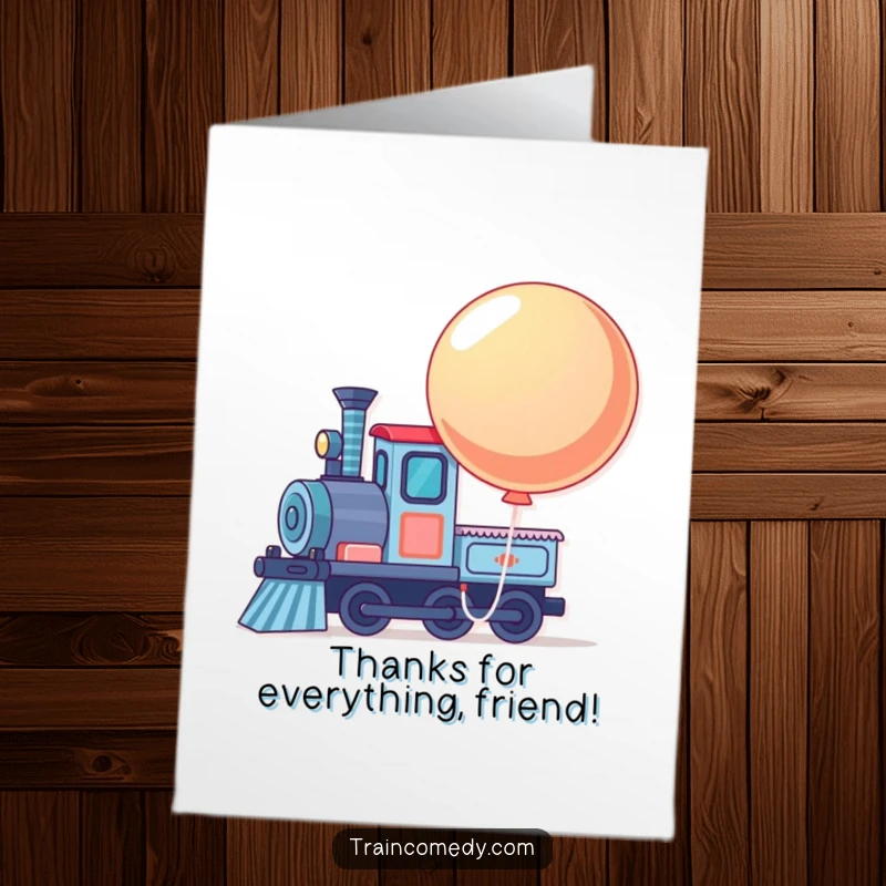 Funny Free Printable Thank You Card: Train engine with a bouncing balloon, sending heartfelt thanks with a cheerful vibe.