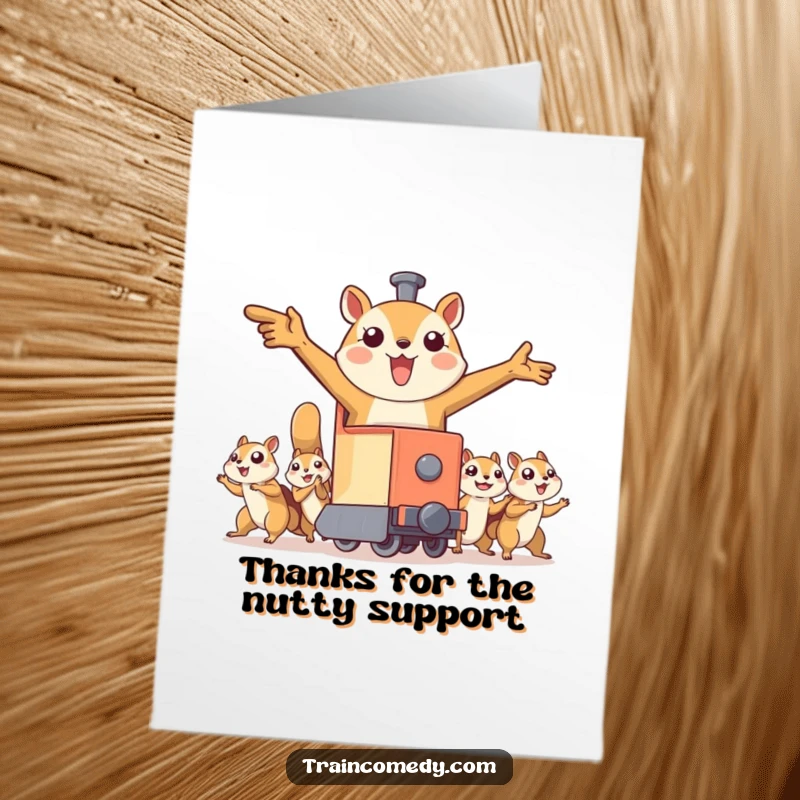 Funny Free Printable Thank You Card: A train with outstretched arms is towed by flying squirrels, showing wild gratitude.