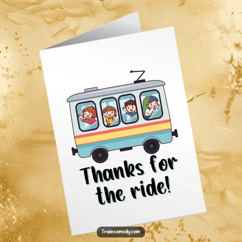 Funny Free Printable Thank You Card: Whimsical train car with big windows, passengers waving a friendly thank you.