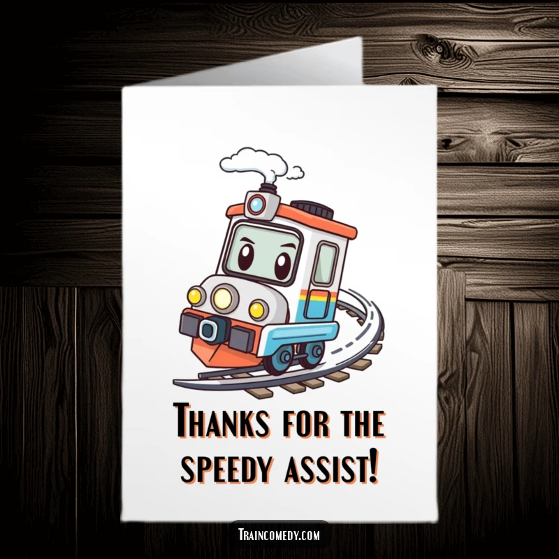 Funny Free Printable Thank You Card: Kawaii train character with a determined expression speeding around a bend.