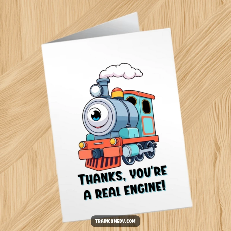 Funny Free Printable Thank You Card: A friendly little train engine with happy eyes, puffing steam as it conveys sincere thanks with excitement.