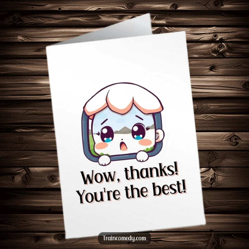 Funny Free Printable Thank You Card: a surprised character with wide eyes, looking out, perhaps at the unexpected gift.