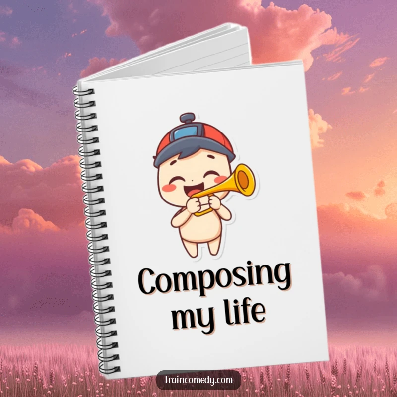 Funny notebook cover with a happy character playing a trumpet that resembles a train horn, their grin full of musical joy.