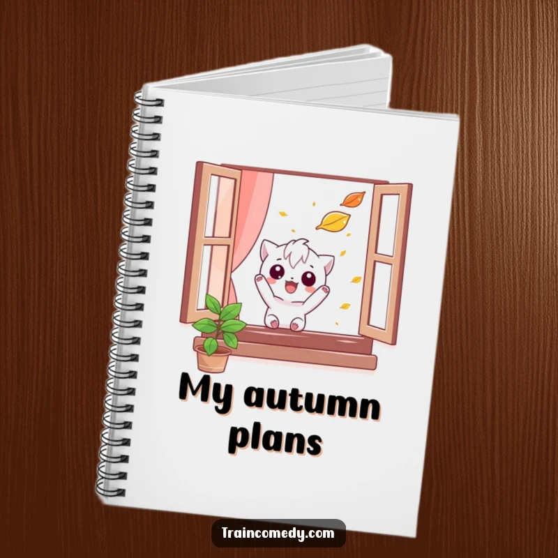 Funny notebook featuring a mischievous character comically trying to catch a falling leaf from a window, ideal for journaling autumn dreams and playful ideas.
