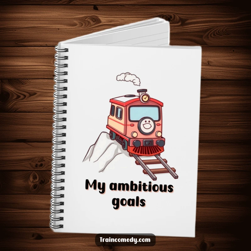 Determined train character chugging up a steep incline, featured on a notebook for motivational notes.