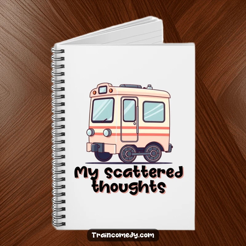 Funny notebook featuring a dizzy train car with wheels blurred from spinning. Ideal for notes, journaling, and creative brainstorming.
