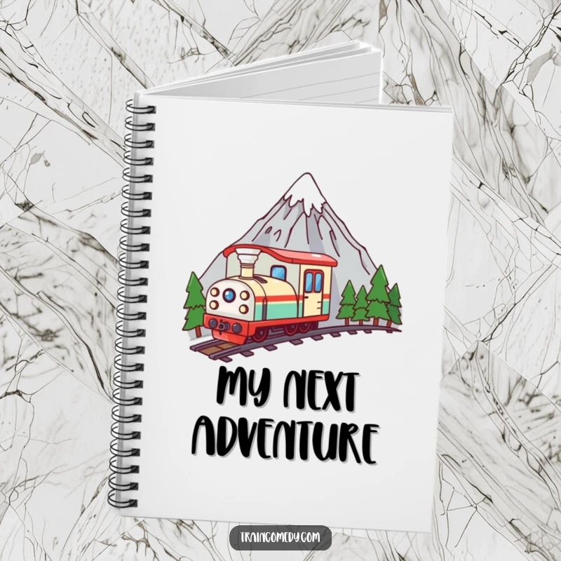Funny kawaii train peeking over a mountain peak, adorning a notebook for capturing notes and imaginative thoughts with a humorous flair.
