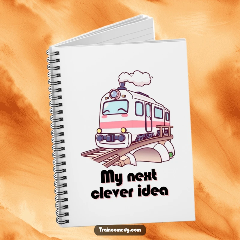 Funny Kawaii Train Notebook: A kawaii train winks playfully as it crosses a bridge, ideal for humorous note-taking.