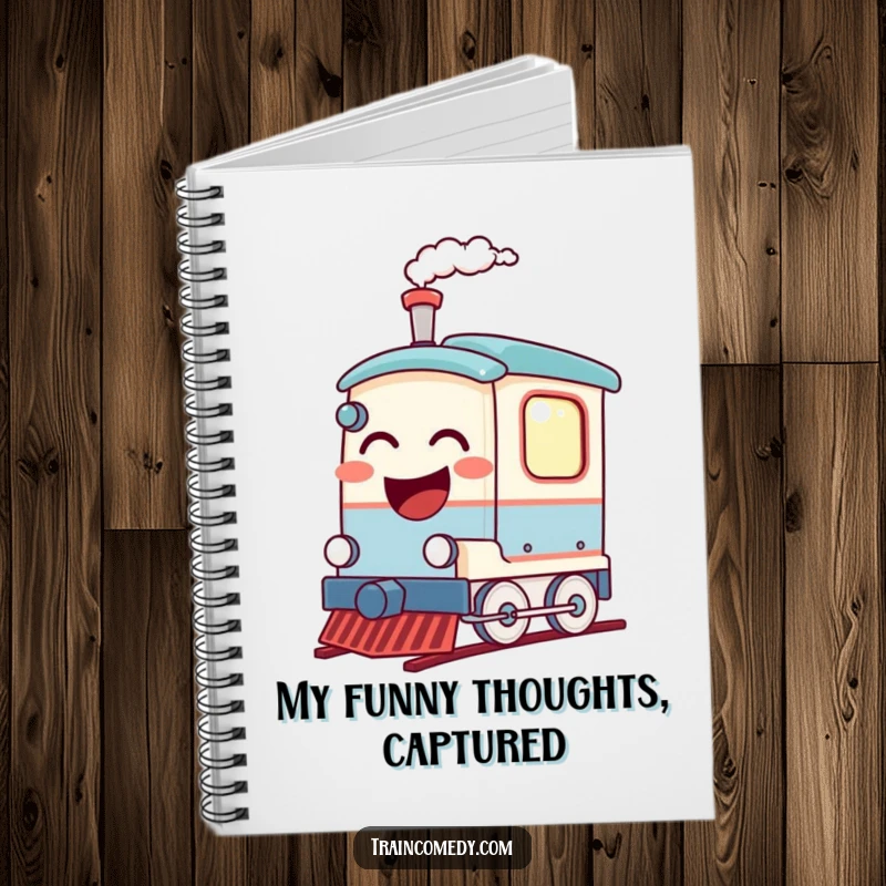 Funny notebook with a cheerful, laughing train car and puffing steam. Ideal for journaling, note-taking, or creative writing with a smile.