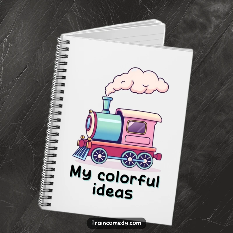 Funny notebook with a train engine releasing a puff of rainbow smoke. Ideal for notes, journaling, and creative brainstorming.
