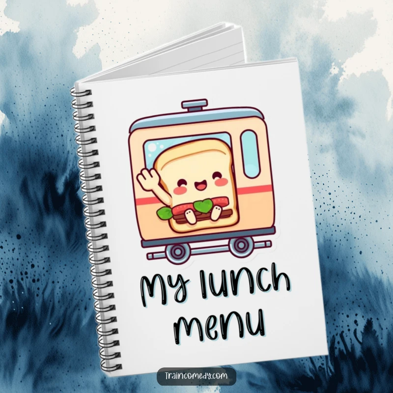 Funny notebook featuring a sandwich character in a train car, waving a cheerful goodbye, perfect for jotting down humorous ideas.