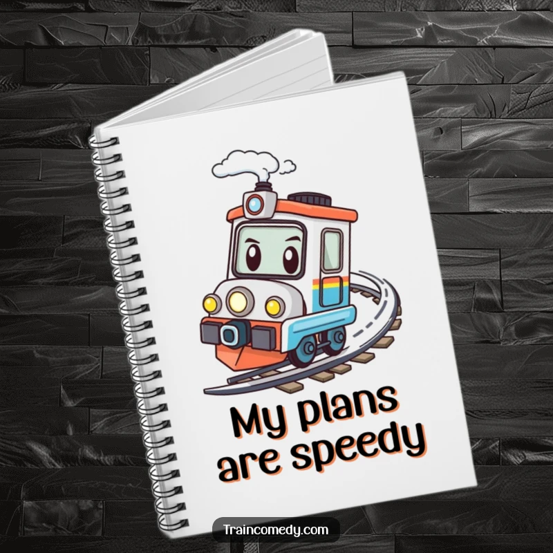 Funny kawaii train character determinedly speeding around a bend on a notebook, encouraging focused note-taking.