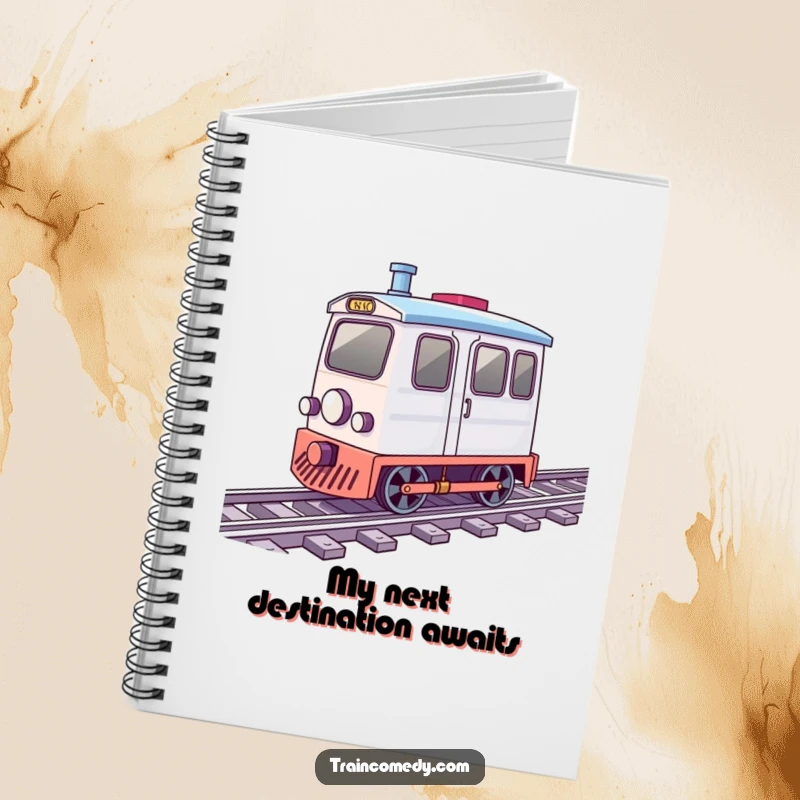 Funny notebook with an illustration of a train car with wheels spinning rapidly along its tracks, inspiring movement.
