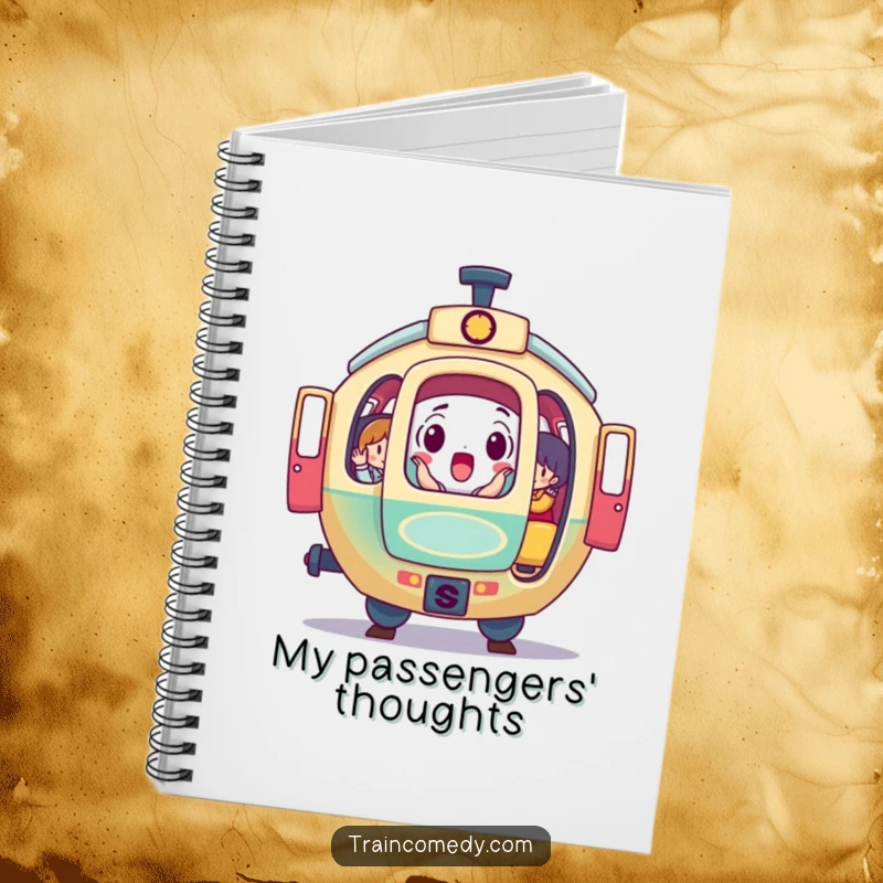 Funny notebook cover with a surprised, round train car, doors open, revealing colorful passengers inside, ready for creative note-taking.