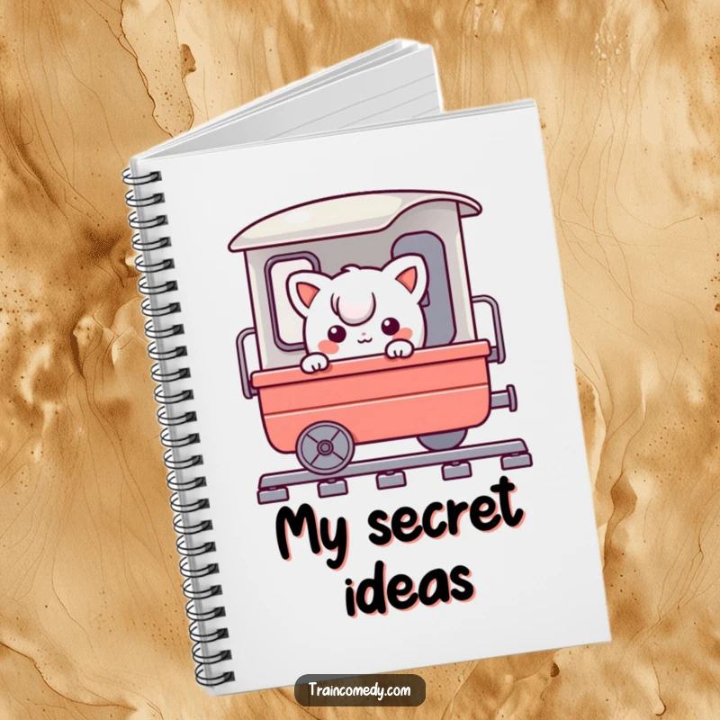 Funny notebook featuring a playful character comically peeking around a train cart, ideal for journaling travel adventures and whimsical ideas.