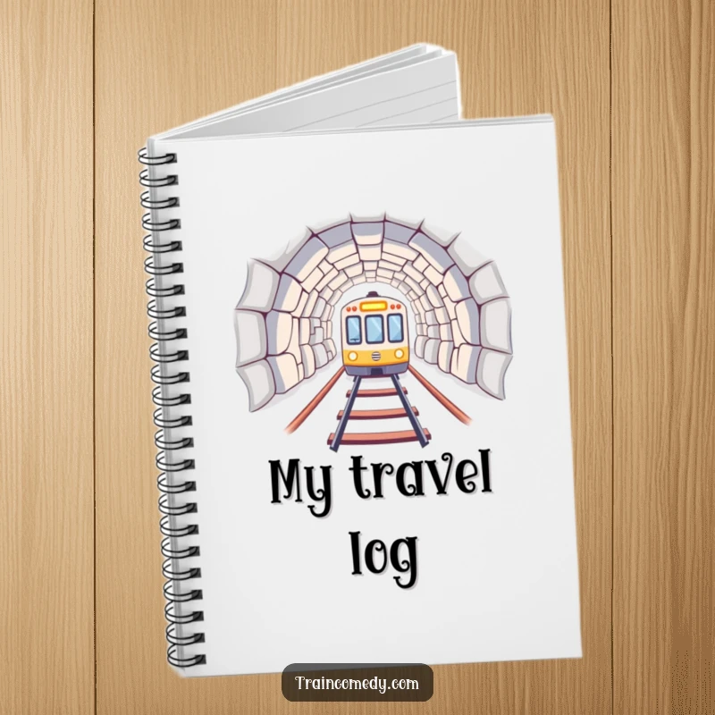 A train emerging from a tunnel, featured on a notebook for creative and humorous journaling. A fun funny gift.