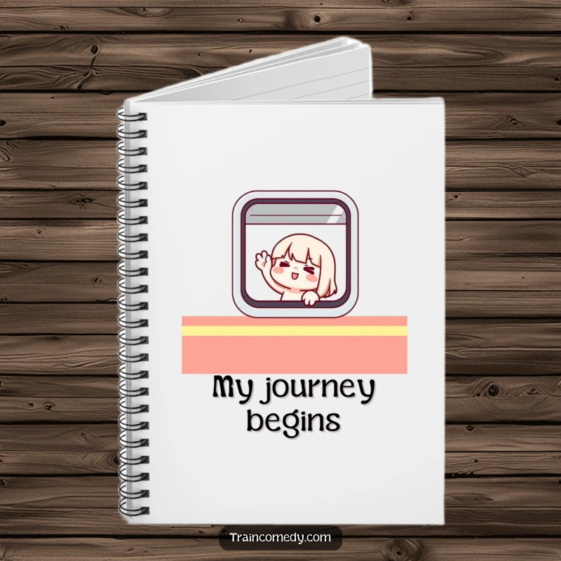 Funny notebook cover depicting a cute character comically waving from inside a stylized train window, ready for notes.