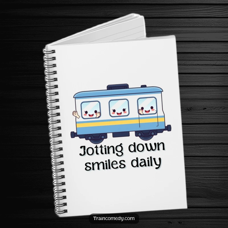 Funny notebook featuring a cheerful train car illustration with smiling, waving window-faces, perfect for jotting down happy thoughts.