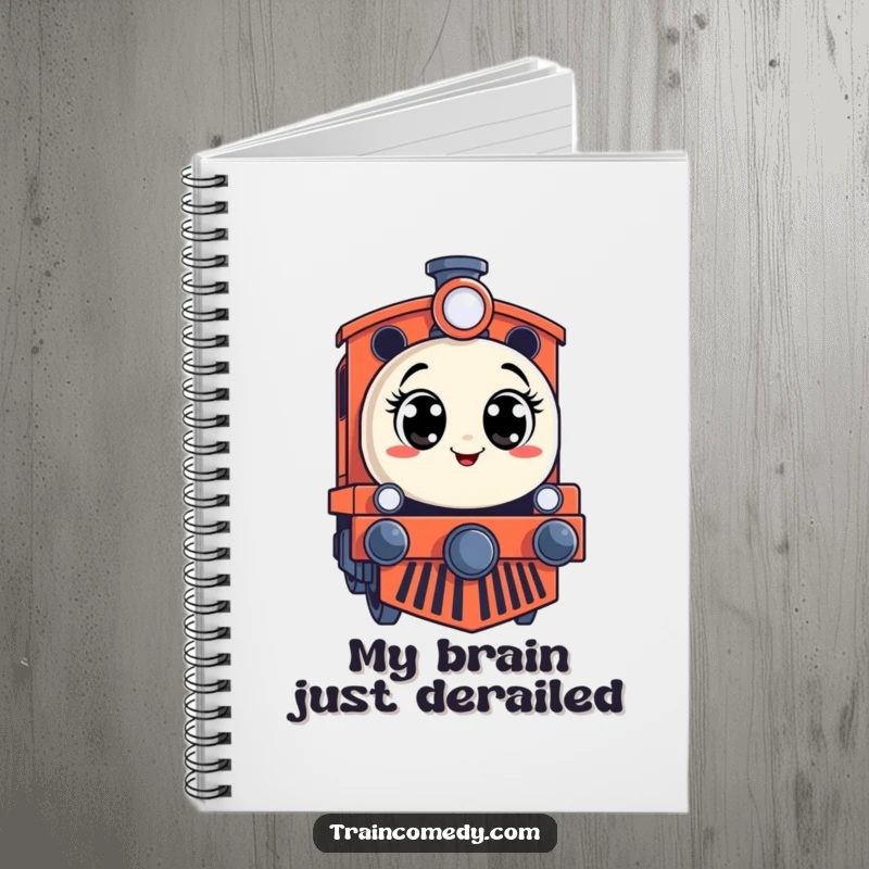 Funny notebook cover featuring a stylized train engine with a surprised expression and wide eyes, perfect for jotting ideas.