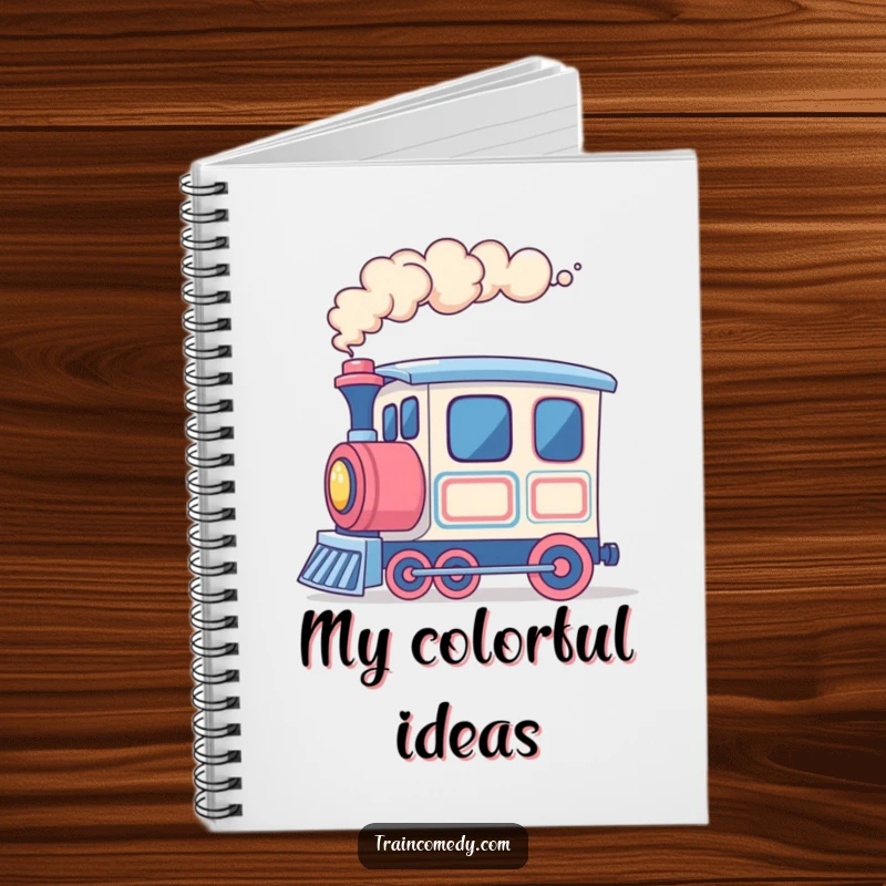 Funny train notebook, cheerful train car exhaling colorful smoke rings, ideal for journaling and creative writing.