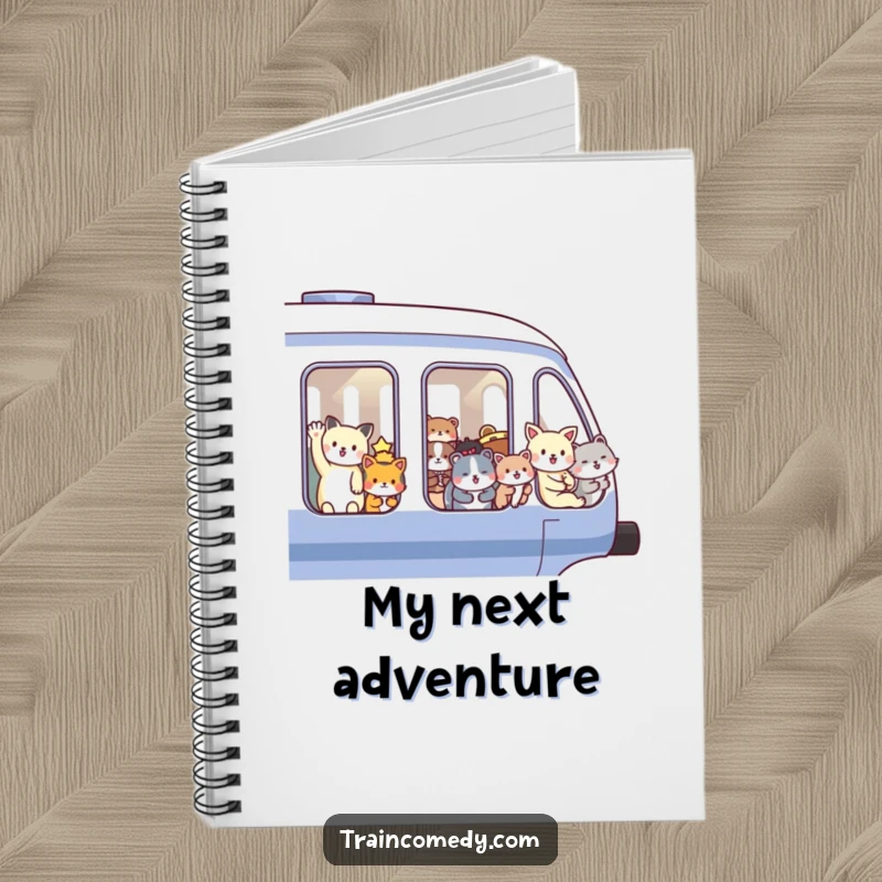 Funny notebook with a cheerful train scene of animals waving from windows, encouraging creativity and organization. A delightful tool for writers and dreamers.