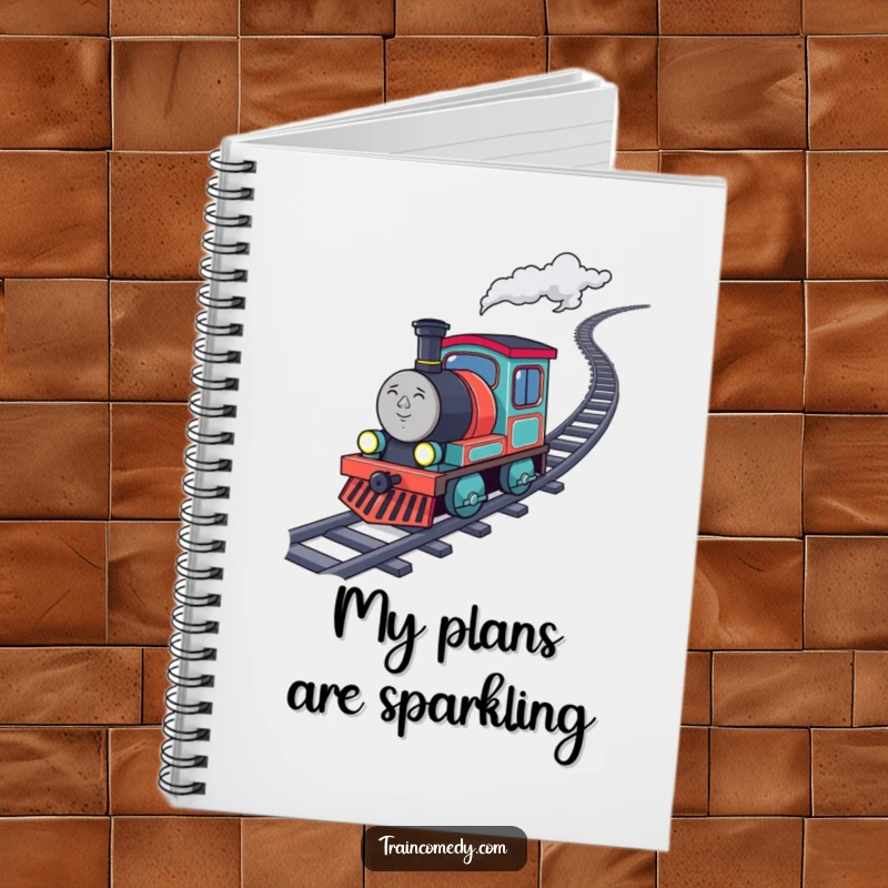 Funny determined train character chugging uphill with sparkling coal, ready to capture ambitious ideas in this inspiring notebook.