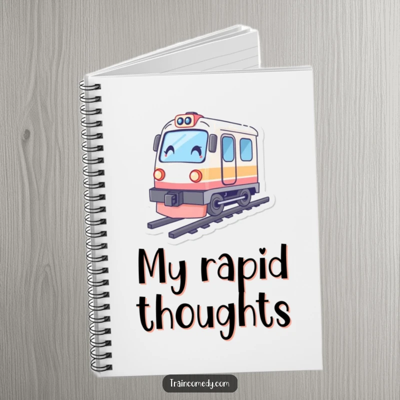Funny train notebook, character tilted in motion, symbolizing fast thinking and quick note-taking.