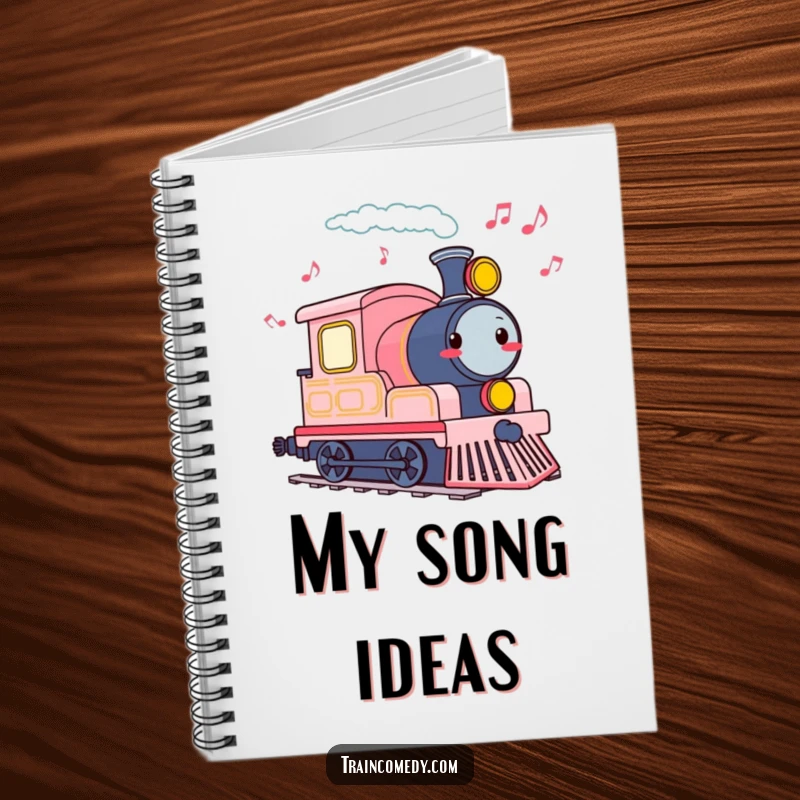 Funny notebook with a cheerful train engine tooting, leaving a trail of musical notes, ready for your lyrics.