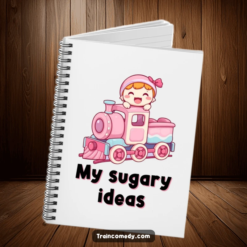 Funny notebook cover with a joyful character balancing on the roof of a moving candy train car, illustrating a sweet journey.