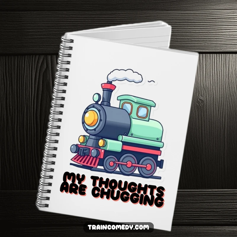 Funny cute train character tooting its whistle with steam, ready to capture ideas in this cheerful and humorous notebook.