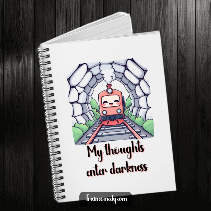 Funny Kawaii Train Notebook: A giggling kawaii train enters a tunnel, ideal for humorous note-taking.