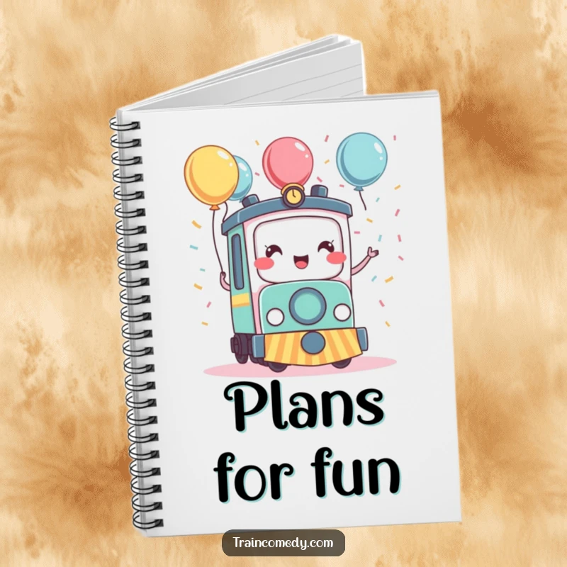 Funny kawaii train character amidst confetti and balloons, designed for a notebook to capture festive thoughts and plans with humor.