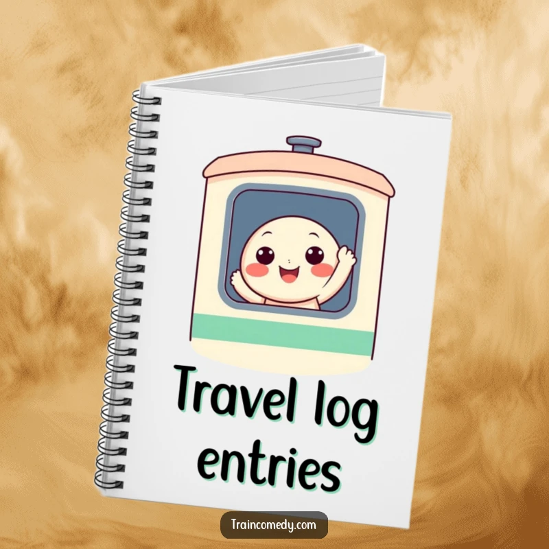 Funny notebook cover featuring a cheerful character waving from a stylized train window, ideal for recording travel logs or daily thoughts.