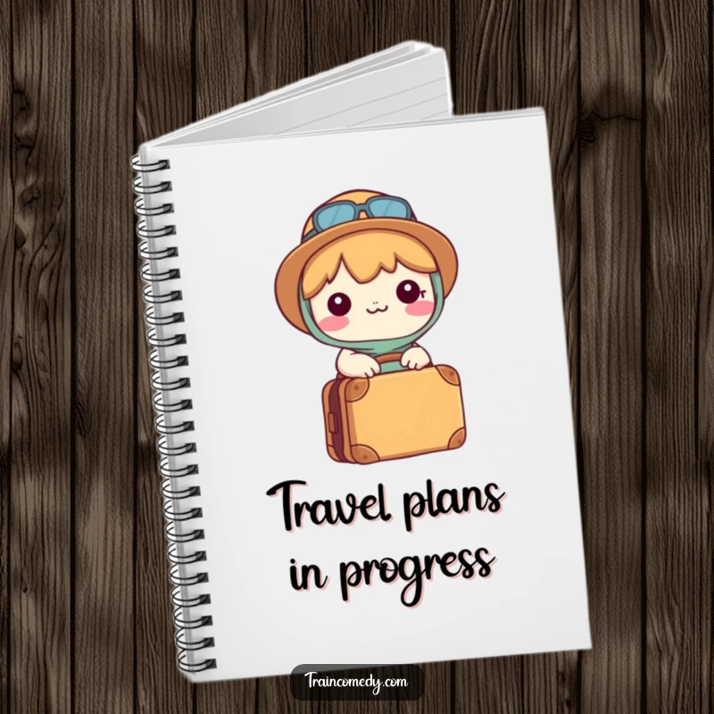 Funny Kawaii notebook cover featuring a happy character with a packed suitcase, inspiring travel plans and adventure writing.