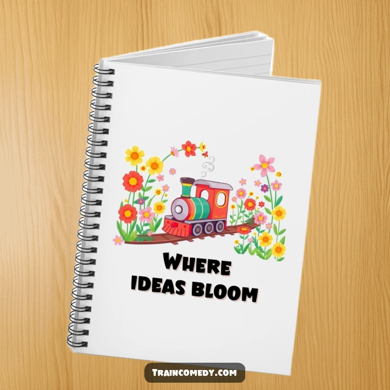 Funny notebook with a train happily traveling through a flower tunnel, encouraging creative writing and note-taking with a cheerful, botanical theme.
