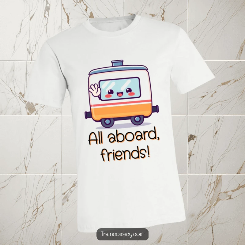 Funny kawaii train car character enthusiastically waving from an open window, perfect for a cheerful tee.