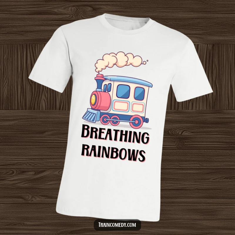 Funny train t-shirt with a cheerful train car exhaling rings of colorful smoke, symbolizing happiness and progress.