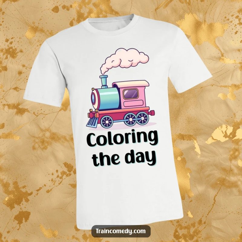 Funny t-shirt showcasing a train engine emitting a puff of rainbow smoke from its chimney. Colorful, whimsical, and humorous.