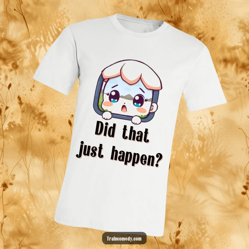 Funny t-shirt featuring a surprised character with wide eyes gazing at a passing landscape, ideal for travel enthusiasts.